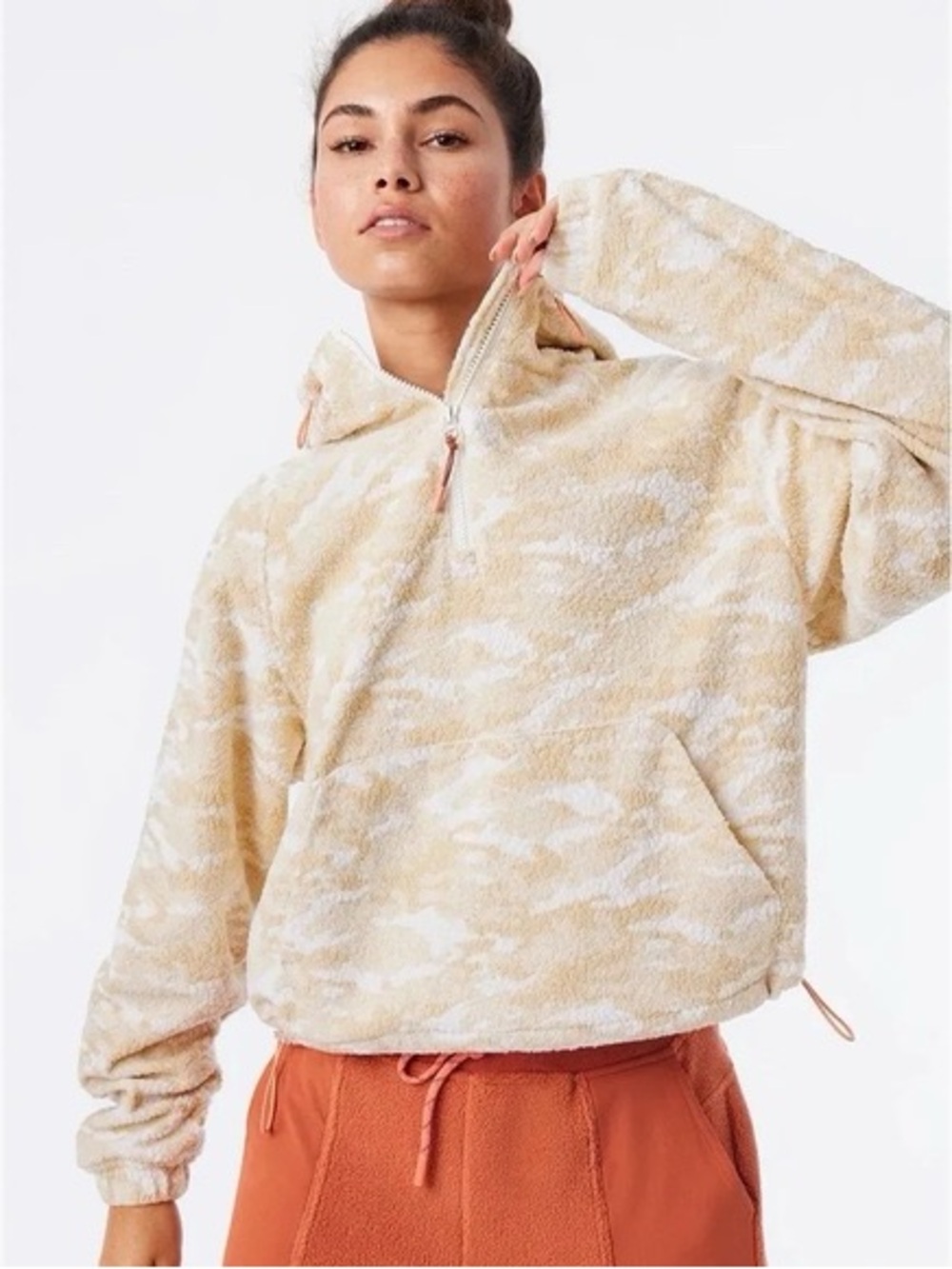 Outdoor Voices PrimoFleece 1/4 Zip Pullover Hoodie in "Cloud Camo"